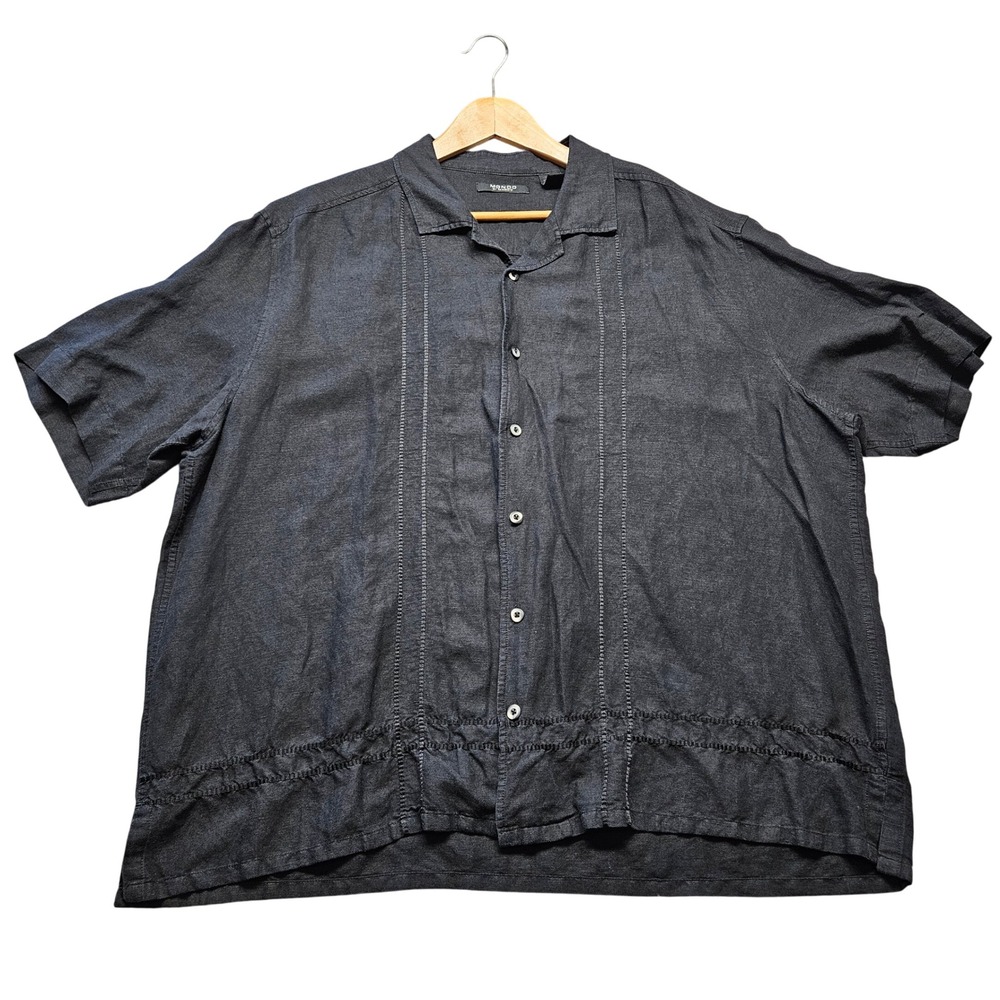 Mondo Di Marco Mens XL Black Linen Rayon Blend Short Sleeve Shirt Embroidered